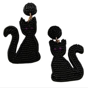 Black Cat Earrings Dangle Beaded Bohemian Holloween White Retro Boho